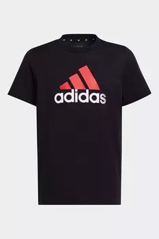 Двухцветная хлопковая футболка Junior Sportswear Essentials с большим логотипом adidas, черный