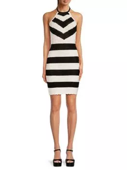 Двухцветное облегающее платье с лямкой на бретельках крючком Bebe, цвет White Black