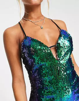 Двухцветное платье мини-комбинации на бретельках Topshop зеленого и синего цвета