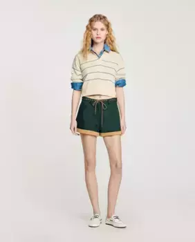 Двухцветные женские шорты с поясом на шнурке Sandro, зеленый