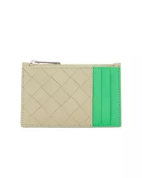 Двухцветный футляр для визиток на молнии Intrecciato Bottega Veneta, цвет Travertine & Parakeet