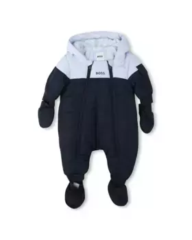 Двухцветный комбинезон для мальчика с варежками и пинетками BOSS Kidswear, темно-синий