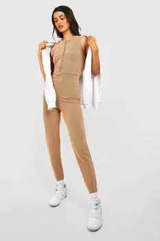 Двухцветный комбинезон с матовой молнией в ребку Boohoo, кэмел