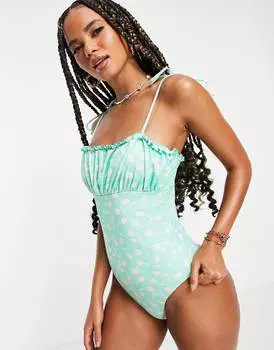 Двухцветный купальник с цветочным принтом и завязками на плечах ASOS DESIGN