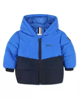 Двухцветный пуховик для мальчика с капюшоном и застежкой-молнией BOSS Kidswear, цвет Azul ndigo