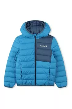 Двухцветный пуховик с капюшоном и логотипом Timberland, синий