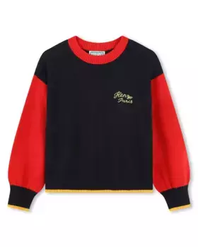 Двухцветный свитер для девочки с вышивкой на спине Kenzo Kids, многоцветный
