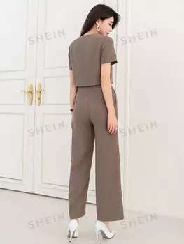 Двухсекционный однотонный короткий костюм с v-образным вырезом, куртка и широкие брюки с высокой талией Dazy, кофейно-коричневый