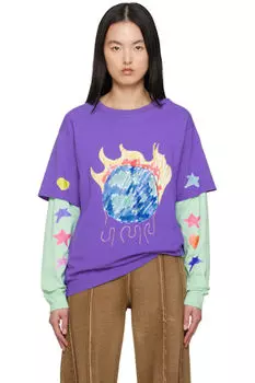 Двухслойная футболка с длинным рукавом фиолетово-зеленого цвета Kids Worldwide