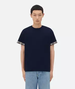 Двухслойная клетчатая хлопковая футболка Bottega Veneta, темно-синий/серо-голубой/кремовый