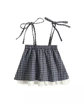 Двухслойная расклешенная юбка для девочки в сине-серой клетчатой ткани на бретелях. Dadati, темно-синий