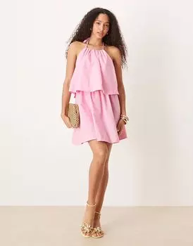 Двухслойное мини-платье ASOS DESIGN с открытой спиной и лямкой через шею розового цвета