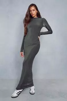 Двухслойное облегающее платье макси с высоким воротником и рюшами MISSPAP, серый