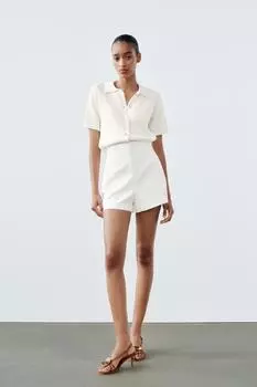 Двухслойные шорты бермуды из ткани с высокой посадкой ZARA, белый