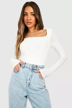 Двухслойный топ с квадратным вырезом и длинными рукавами Boohoo, экру