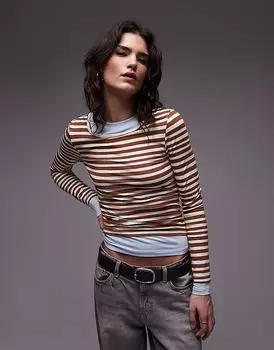 Двухслойный трикотажный топ Topshop в коричневую полоску