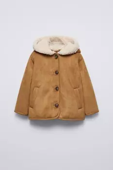 Двухстороннее пальто с капюшоном ZARA, средний-кэмел