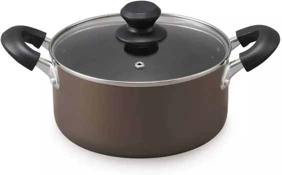 Двуручная кастрюля Iris Ohyama DIS-P20, 7,9 дюйма (20 см), кастрюля с крышкой, совместима с газовым/индукционным освещением, стеклянная крышка, с алмазным покрытием, долговечная, антипригарная, легкая в уходе, коричневая, Braun