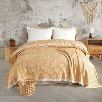 Двуспальное покрывало Evidea Soft с рисунком листьев - Желтый - 225x250 см