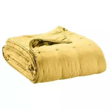 Двустороннее покрывало однотонного цвета из чистого льна - Zeff Vivaraise, горчица, односпальный