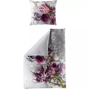 Двустороннее постельное белье BIERBAUM «Тули», мако-сатин, 100% хлопок, с цветочным узором, легкое в уходе, серый
