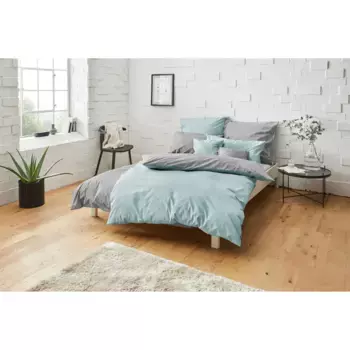 Двустороннее постельное белье Bruno Banani "Merlin, в качествах Linon (охлаждает) и Biber (согревает), дышащее, плотность 140 г/м, 100% хлопок, на подкладке Хлопок производства Африки, с застежкой на пуговицы", (2 шт.), синий/светло-серый