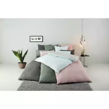 Двустороннее постельное белье Bruno Banani "Merlin, в качествах Linon (охлаждает) и Biber (согревает), дышащее, плотность 140 г/м, 100% хлопок, на подкладке Хлопок производства Африки, с застежкой на пуговицы", (2 шт.), зеленый/светло-серый