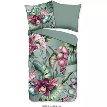 Двустороннее постельное белье Descanso "Allison", хлопок, сатин, 135х200, кант, молния, двусторонняя, цветы зеленые, зеленый