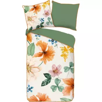 Двустороннее постельное белье Descanso «Аннабель», хлопок, сатин, 135х200, окантовка, молния, двусторонний вид, цветы, кремовый/мультиколор