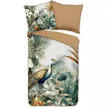 Двустороннее постельное белье Descanso "Dana1", Мако-сатин, 135х200, окантовка, молния, двусторонний вид, цветы, павлин, цвет Multi
