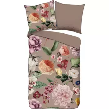 Двустороннее постельное белье Descanso "Fiori", хлопок, сатин, 135х200, окантовка, молния, двусторонняя, цветы песочные, серо-коричневый/коричневый