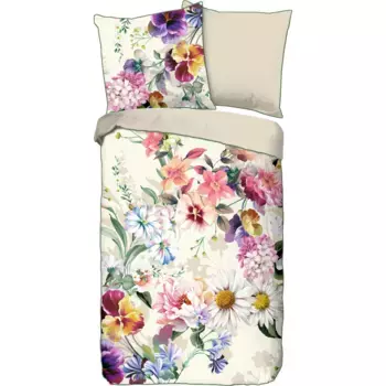 Двустороннее постельное белье Descanso «Novara», хлопок, сатин, 135х200, окантовка, молния, двусторонняя, цветы, натуральный, кремовый/бежевый