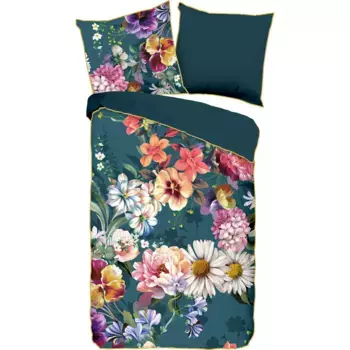 Двустороннее постельное белье Descanso «Novara», хлопок, сатин, 135х200, окантовка, молния, двусторонняя, цветы, натуральный, цвет petrol/grnblau