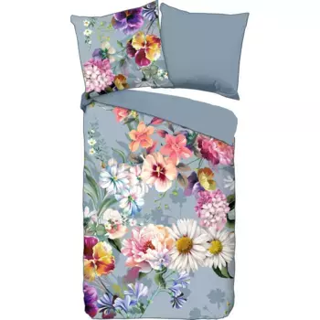 Двустороннее постельное белье Descanso «Novara», хлопок, сатин, 135х200, окантовка, молния, двусторонняя, цветы, натуральный, серый