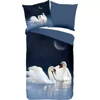 Двустороннее постельное белье из коллекции PURE Luxury Collection «Share», микрофибра, 135x200, легкое в уходе, молния, двусторонний вид, лебеди, цвет blau