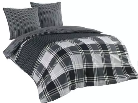Двустороннее постельное белье из трех предметов 200х200 см в клетку черно-серый хлопок Renforce leonado vicenti