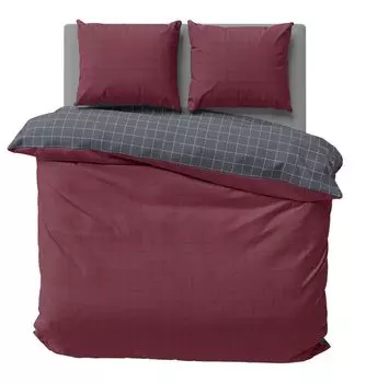 Двустороннее постельное белье, клетчатое, современные пододеяльники Renforce, хлопок, молния, размер: 3 шт., 200 х 200 см, цвет: бордовый/антрацит One-Home