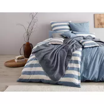 Двустороннее постельное белье OTTO Products "Jannis, сертифицировано GOTS, качества Renforce и Biber, дышащее, плотность 115 г/м, изготовлено из 100% органического хлопка, постельное белье и наволочка с застежкой на пуговицы", (2 шт.), синий/бе...