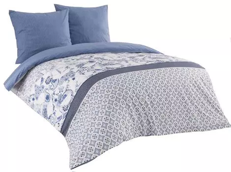 Двустороннее постельное белье Renforce из трех предметов хлопка 200x200 в сине-белую полоску leonado vicenti