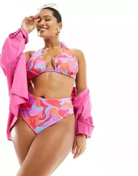 Двусторонние плавки бикини с завышенной талией и завышенной талией ASOS DESIGN Curve с абстрактным принтом