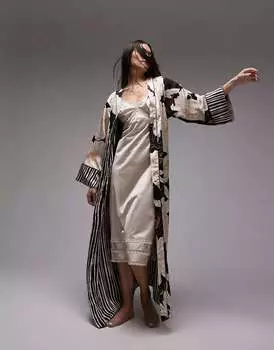 Двусторонний атласный халат Topshop с цветочным принтом черного и кремового цвета