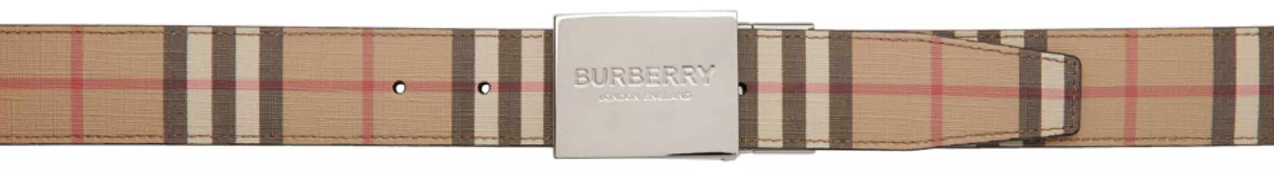 Двусторонний бежевый ремень E-Canvas в винтажную клетку с налетом Burberry