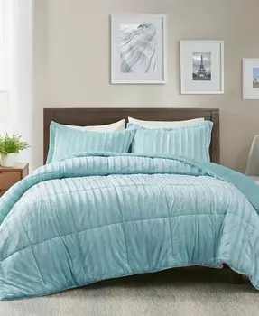 Двусторонний искусственный мех Duke, 3 предмета. Комплект одеял, полный/размер королевы Madison Park, синий