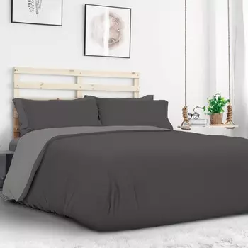 Двусторонний комплект постельного белья с пододеяльником из чесаного хлопкового трикотажа - Двухцветный Daunex, серый/антрацит, двуспальный