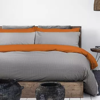Двусторонний комплект постельного белья с пододеяльником из чистого хлопка без глажки - хлопковый биколор Daunex, оранжевый/антрацит, полуторный