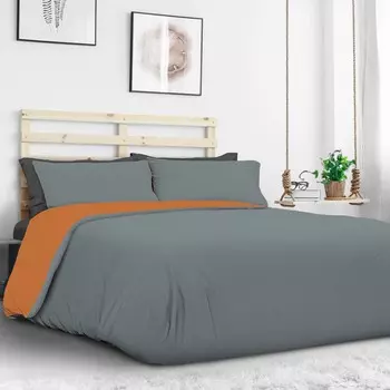 Двусторонний комплект постельного белья с пододеяльником из чесаного хлопкового трикотажа - Двухцветный Daunex, серый/оранжевый, полуторный