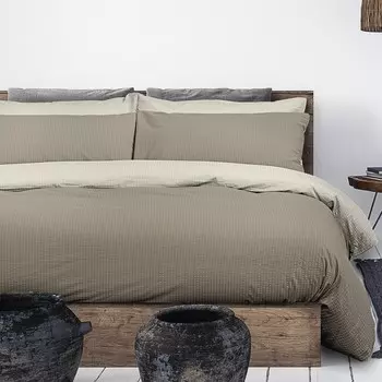 Двусторонний комплект постельного белья с пододеяльником из чистого хлопка без глажки - хлопковый биколор Daunex, серо-коричневый/натуральный, полуторный