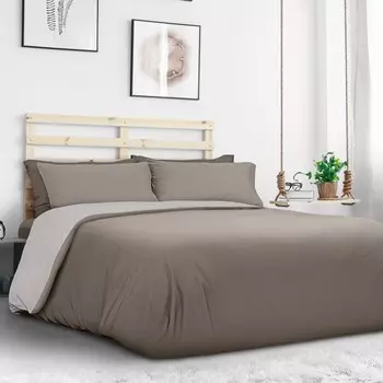 Двусторонний комплект постельного белья с пододеяльником из чесаного хлопкового трикотажа - Двухцветный Daunex, лен/темно-серый, двуспальный