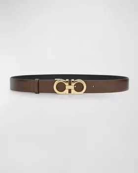 Двусторонний коричневый ремень из кожи и латуни Gancini Ferragamo, цвет Cocoa Brown Nero
