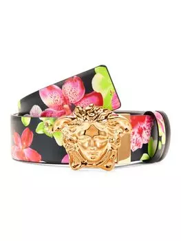 Двусторонний кожаный ремень с цветочным принтом Medusa Versace, цвет Black Multi